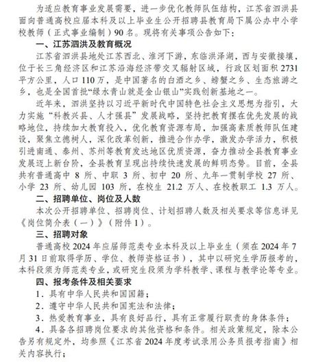 2024年江苏省宿迁泗洪县面向普通高校应届本科及以上毕业生招聘教师第一批公告（90人）招教网