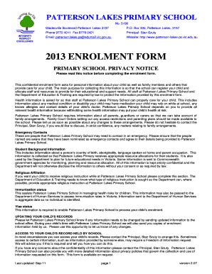 Fillable Online Patterson Lakes Ps Vic Edu Student Enrolment Form