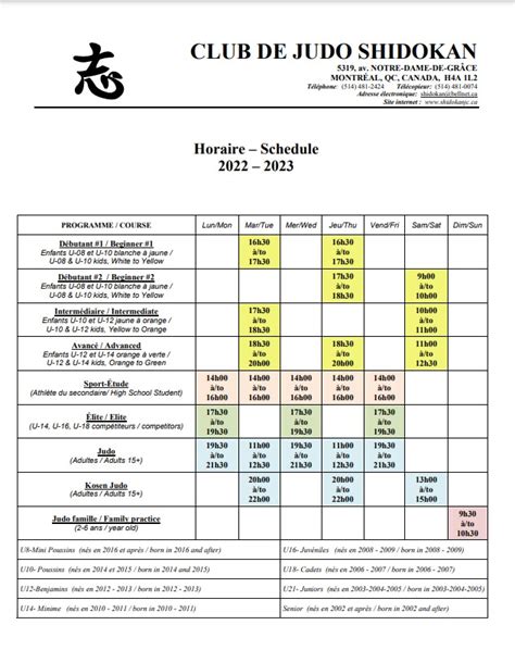 Horaire Des Classes Club De Judo Shidokan