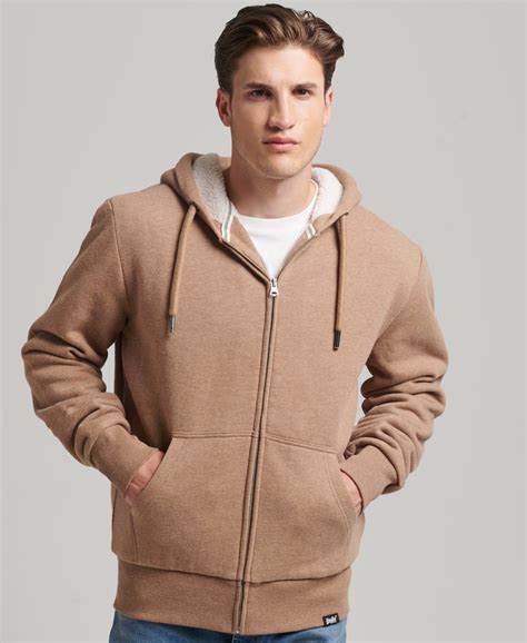 Mens Essential Borg Lined Zip Hoodie In Tan Superdry