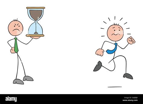 Angry Evil Stickman Boss Holding Hourglass And Stickman Employee Running To Complete Project