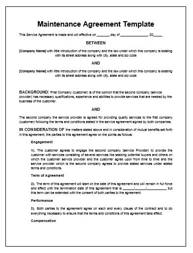 maintenance contract agreement - Free Printable Documents