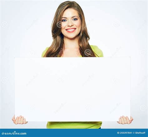 Smiling Girl Holding Blank Sign Board Stock Image Image Of Adult Paper 255397841