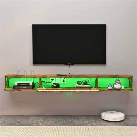 Rustic Brown Wood Floating TV Shelf for 50" with LED Lights and Glass Door