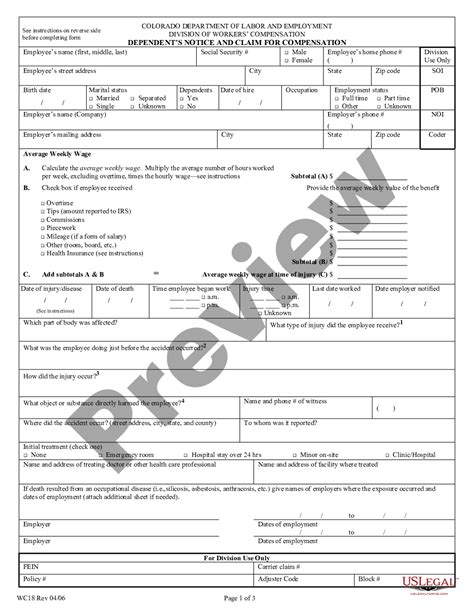 Colorado Springs Colorado Dependent S Notice And Claim For Workers