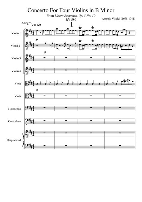 Concerto For Four Violins In B Minor Rv 580 Sheet Music For