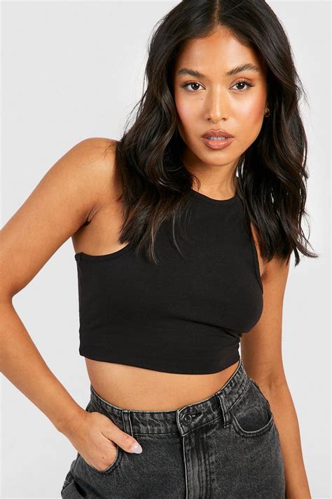 Petite Basic Racer Neck Crop Top Boohoo