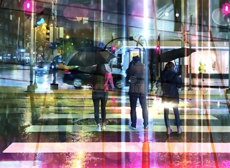 Rainy City Street Vitrines Reflection On Buildings Windows Glass People