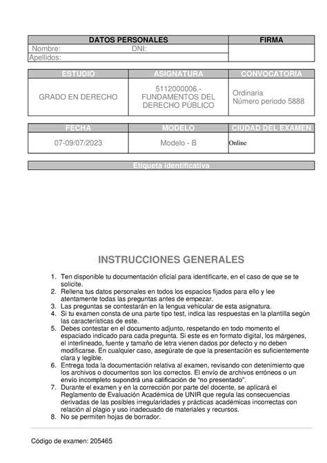 Examen Fundamentos del Derecho Público DATOS PERSONALES FIRMA Nombre