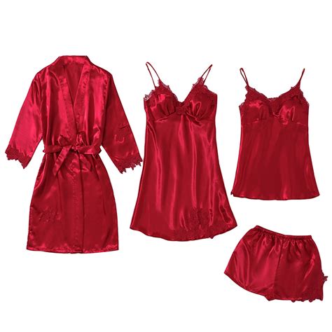 Womens Sleepwear 4pcs Silk Satin Pajama Set Sexy Lace Cami Top Nightgown Shorts Nightwear Robe