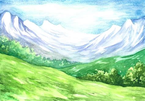 Premium Photo | Watercolor drawing with mountain landscape.