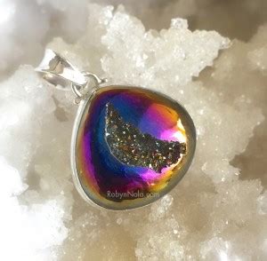 New Large Rainbow Aura Titanium Druzy Quartz Pendant Set In Sterling