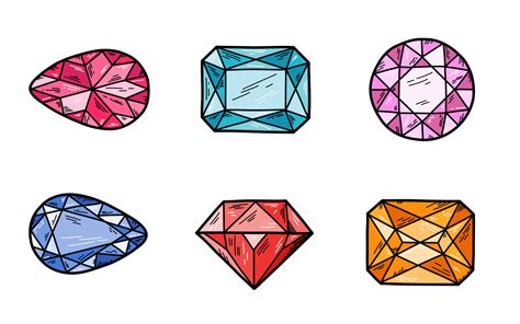 Doodle Hand Drawn Gems Colorful Line Art Gem Stones Vector Isolated