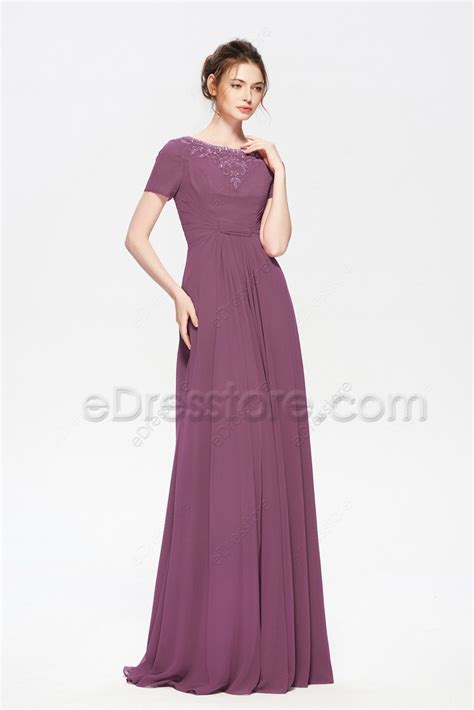 Modest Lds Beaded Mauve Bridesmaid Dress Edresstore