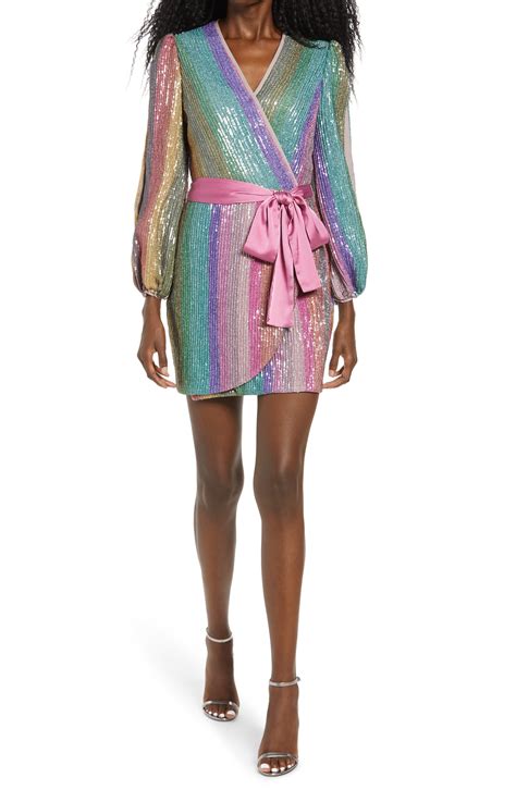 Harlyn Rainbow Stripe Sequin Wrap Dress In Multi Modesens