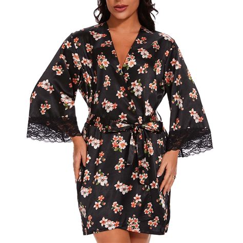 Lyacmy Lace Womens Robes Sexy Pajamas Black Silk Satin Robes For Women