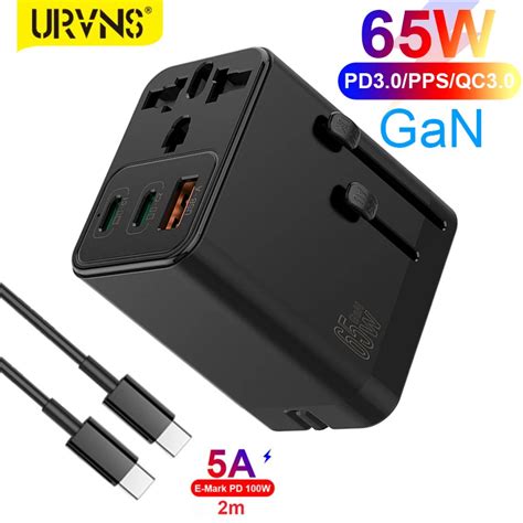 Urvns 65w Gan Usb C Travel Charger With Ac Socket 2port Pd 65w 45w 20w