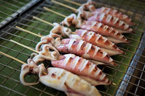 Grilled Squid Street Food In Thailand Stock Image Image Of Charred