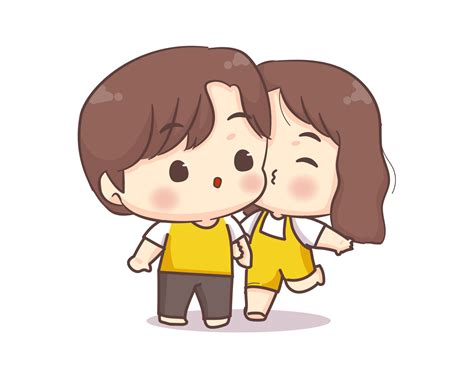 Cute Lovers Couple Greeting Pose Girl Kiss Boyfriend Happy Valentine Chibi Cartoon Character