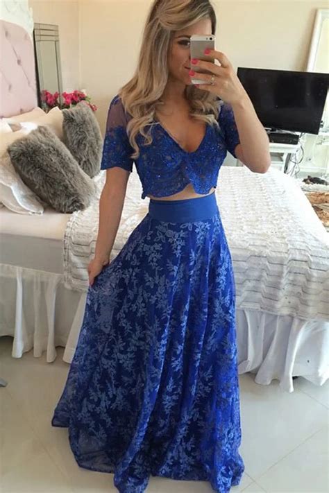 Sexy V Neck Short Sleeves Crop Top Prom Dresses Royal Blue Beautiful