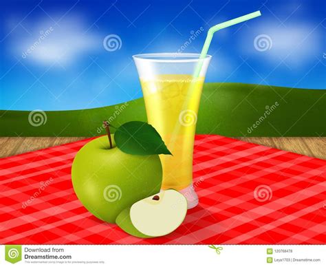 A Glass Of Apple Juice On A Red Checkered Tablecloth Stock Vector