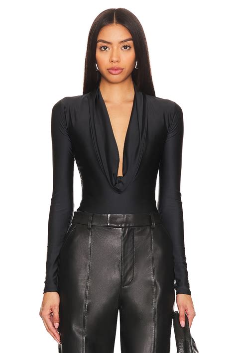 Good American Satin Cowl Bodysuit In Black001 Revolve