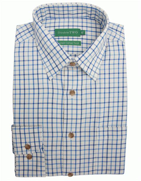 Double Two Brushed Cotton Twill Check Shirt Blue