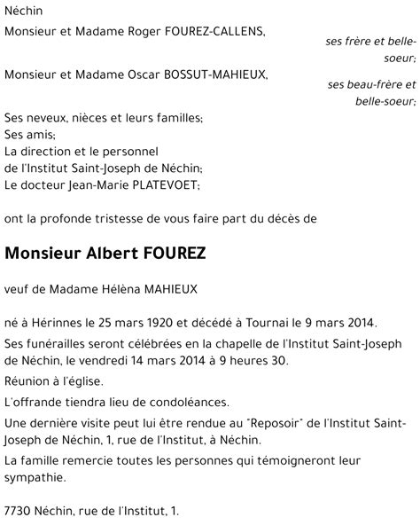 Avis De Décès De Albert Fourez Décédé Le 09 03 2014 à Tournai Annonce