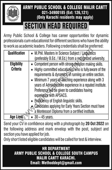 Army Public School & College Malir Cantt Jobs Educationist