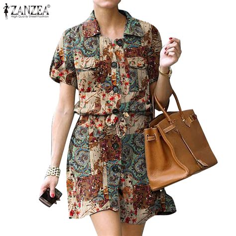 ZANZEA Women Vintage Lapel Collar Short Sleeves Floral Printed Dresses