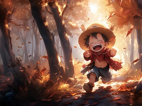 One Piece Chibi Luffy in the autumn forest 4K wallpaper download