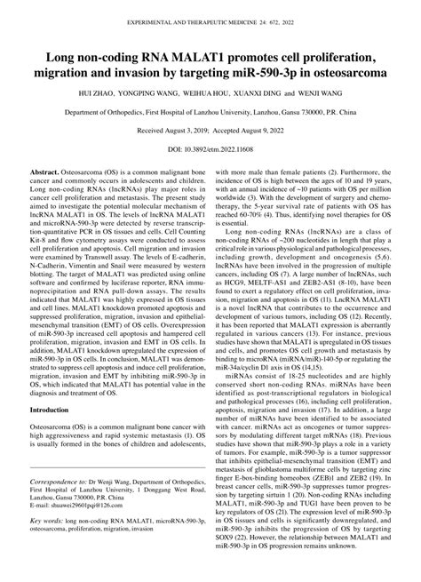 Pdf Long Non‑coding Rna Malat1 Promotes Cell Proliferation Migration