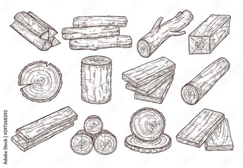 Hand Drawn Lumber Sketch Wood Logs Trunk And Planks Stacked Tree