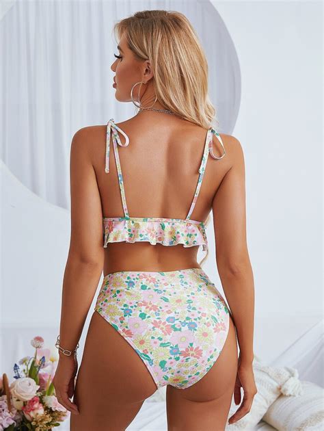 Bikini fleuri à volants à épaule nouée Mode en ligne SHEIN FRANCE