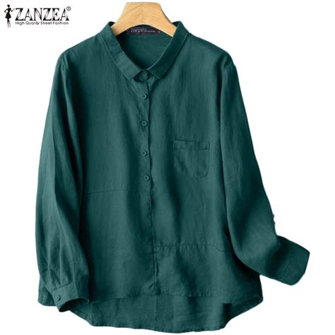 Zanzea Women Daily Casual Lapel Breasted Irregular Design Long Sleeve Cotton Linen Shirt