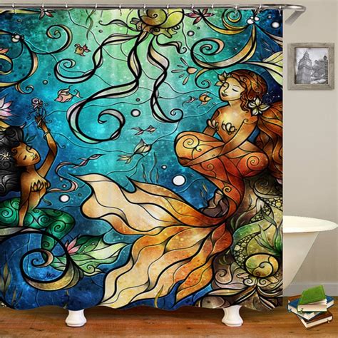 Vintage Mermaid Art Shower Curtain By Cartoon Mermaid In Sea Bathroom