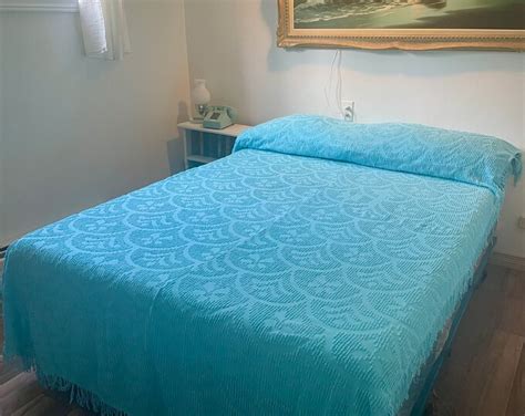 Vintage Chenille Bedspread 1950s Bedspread With Fringe Robin S Egg Blue Pastel Shell Pattern