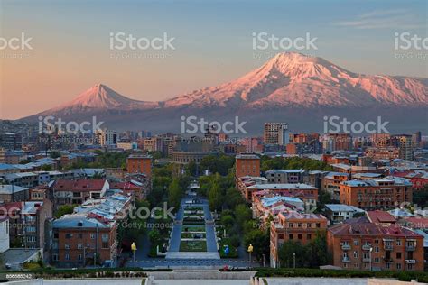 View Over The City Of Yerevan Capital Of Armenia With The Two Peaks Of