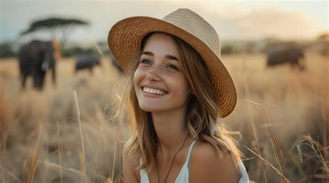 Premium Photo Smiling Young Woman In Straw Hat Enjoying Nature Casual