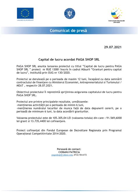 Anunt Incepere Proiect Capital De Lucru Acordat PAGA SHOP SRL Idei De