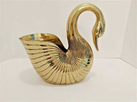 Vintage Large Solid Brass Swan Planter Tall Mid Century Etsy