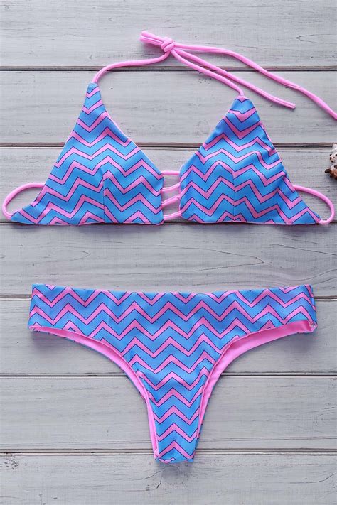 Off Zig Zag Print Halter Reversible Bikini Set In Blue Zaful