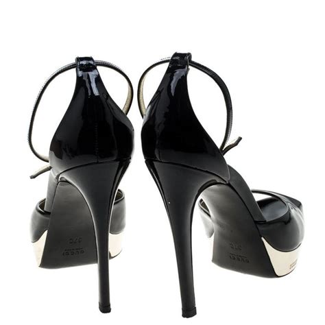 Gucci Black Patent Leather Ankle Strap Peep Toe Platform Sandals Size