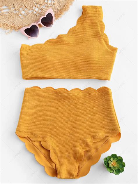 [28 Off] 2021 High Waisted Scalloped One Shoulder Bikini Set In