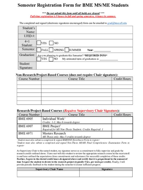 Fillable Online Semester Registration Form For Bme Ms Me Students