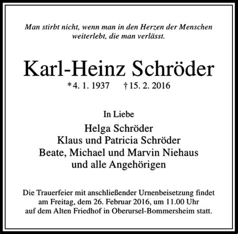 Traueranzeigen von Karl Heinz Schröder trauer rheinmain de