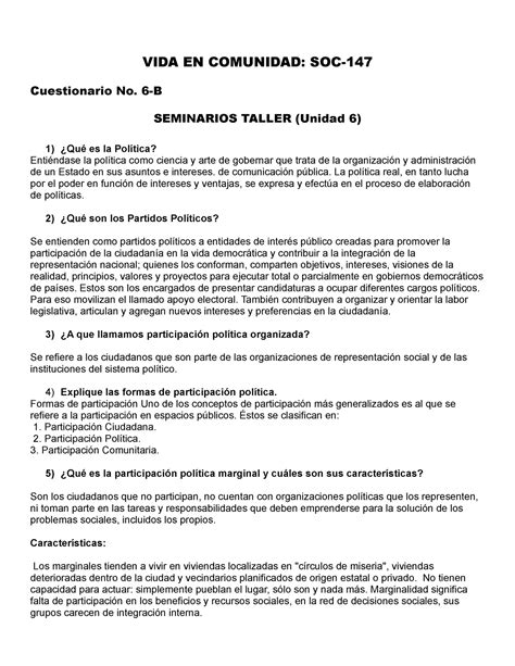 Cuestionario SOC 147 No 6 VIDA EN COMUNIDAD SOC Cuestionario No 6