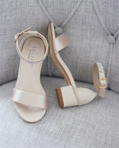 Champagne Satin Block Heel Sandals With Tulle Bow Flower Girls Sandals