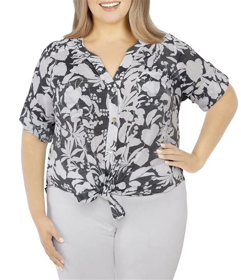 Ruby Rd Plus Size Two Tone Leaf Print Short Roll Tab Sleeve Top