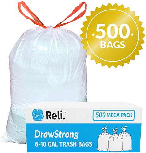 Reli. 6-10 Gallon Trash Bags Drawstring (500 Bags) Small 8 Gallon Trash Bags Drawstring (White ...